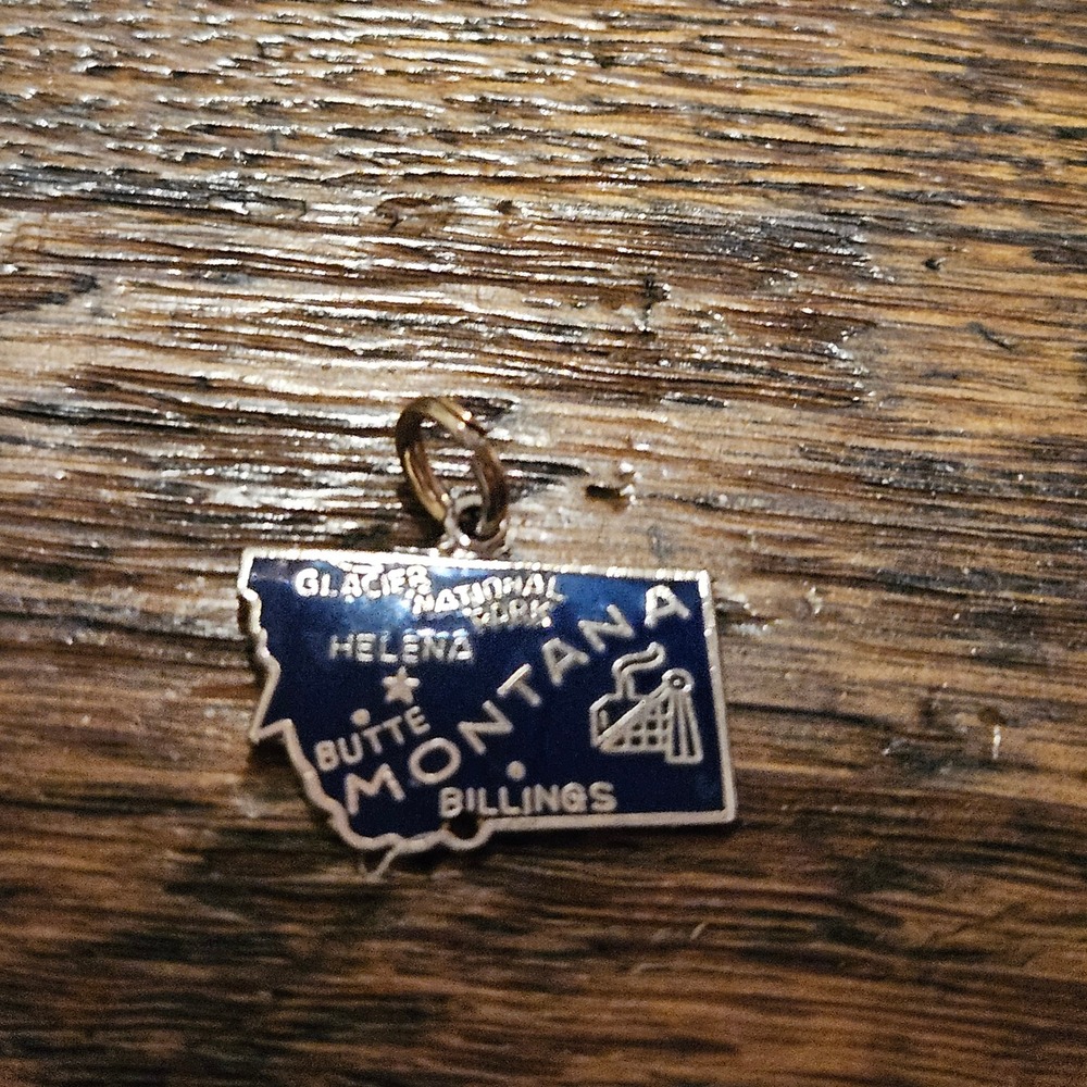 Vintage Montana State Map Enamel Charm Souvenir Blue Silver Tone Glacier Park